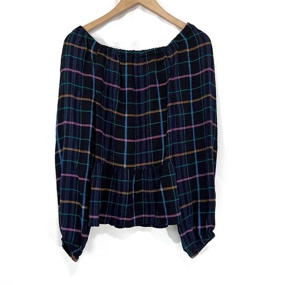 Loft Black Plaid Square Neck Colorful Print Peplum Blouse Career Top S - Picture 7 of 7